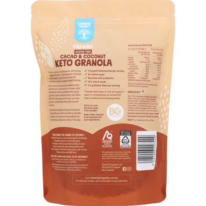 Chantal Organics Organic Cacao & Coconut Keto Granola 400g, With Protein Crisps For A Delightful Crunch