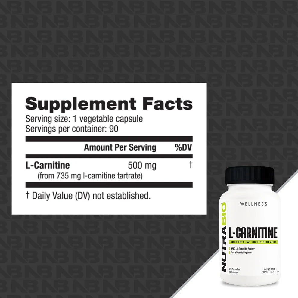 NutraBio Wellness Collection L-Carnitine 500mg 90 Veggie Capsules, Supports Fat Loss & Recovery