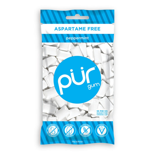 PUR Peppermint Gum Single Bag 77g Or A Box Of 12, Aspartame Free & Gluten Free {Resealable Bag}