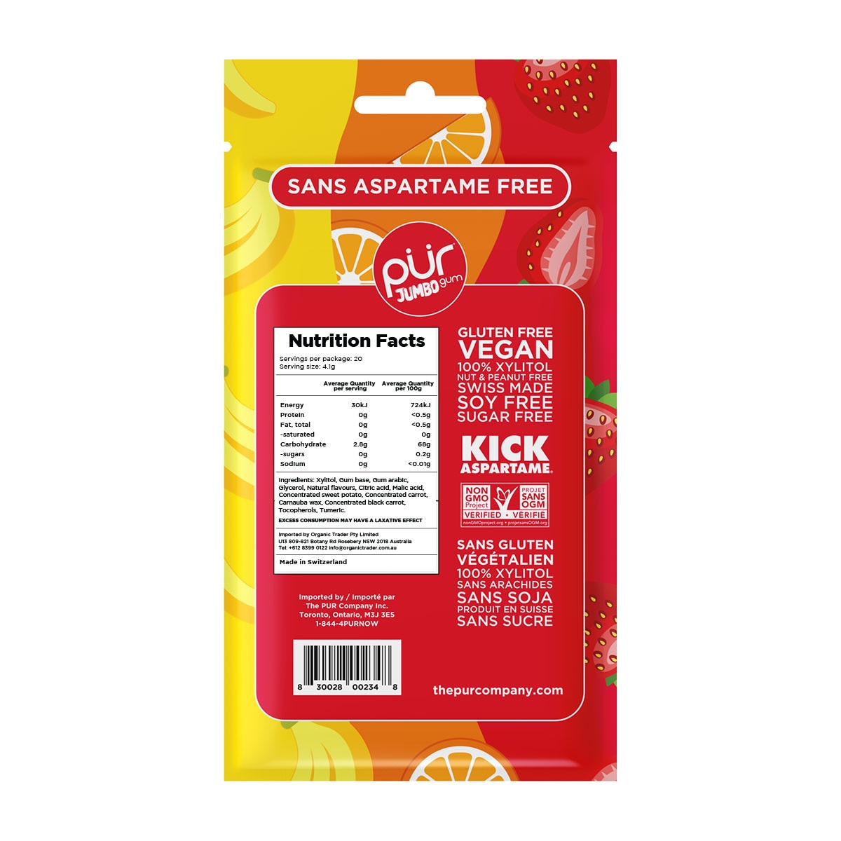 PUR Jumbo Gum Strawberry, Orange & Banana Single Bag 81g Or A Box Of 10, Aspartame Free & Sugar Free {Resealable Bag}