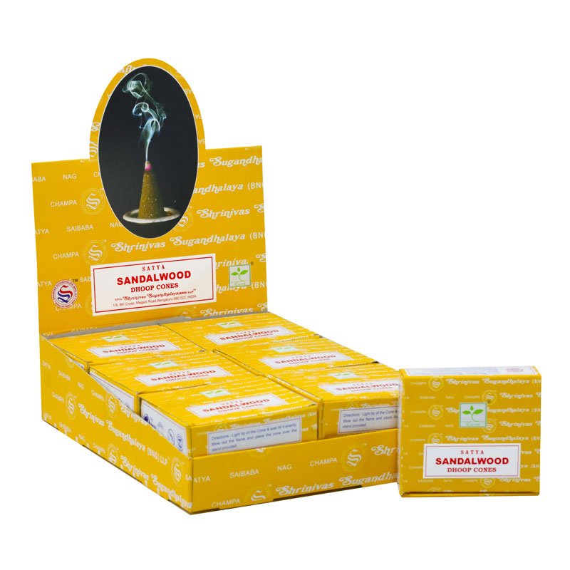 Satya Sandalwood Dhoop Cones, 12 Cones Per Pack With Stand