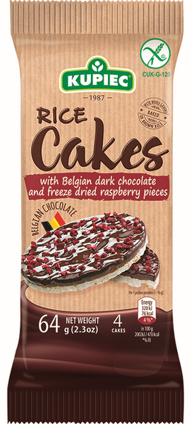 Kupiec Rice Cakes With Belgian Dark Chocolate & freeze Dried Raspberry Pieces 64g, A Perfect Healthy Snack