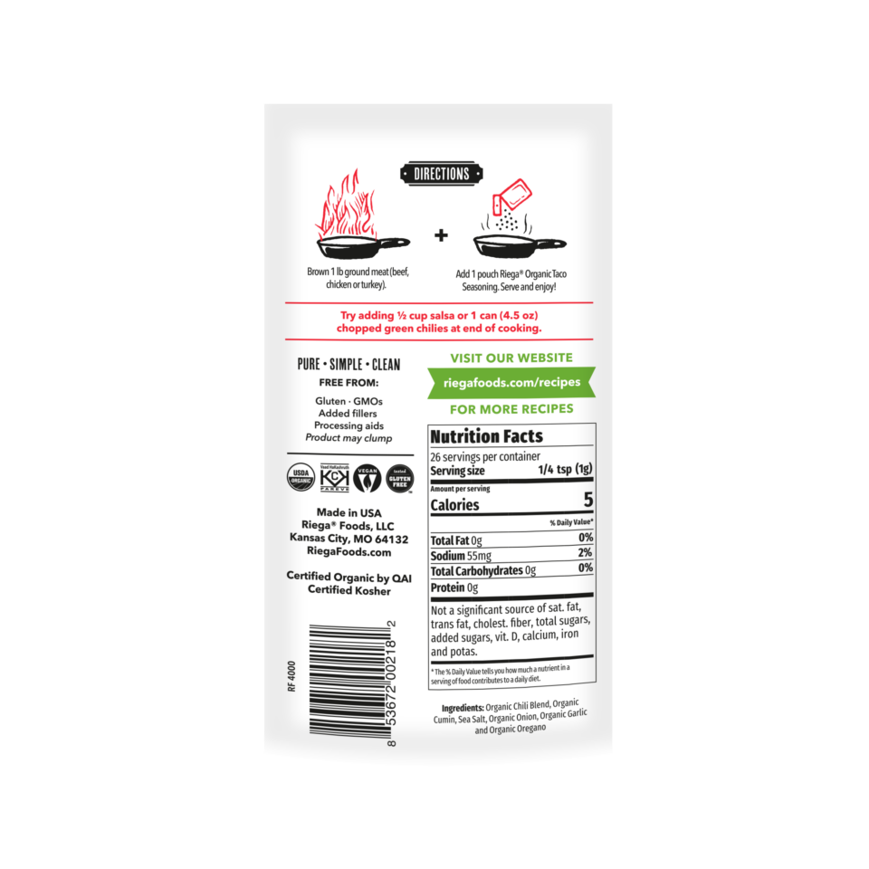 Riega Organic Tex-Mex Taco Seasoning 25.5g, Classic & Delicious
