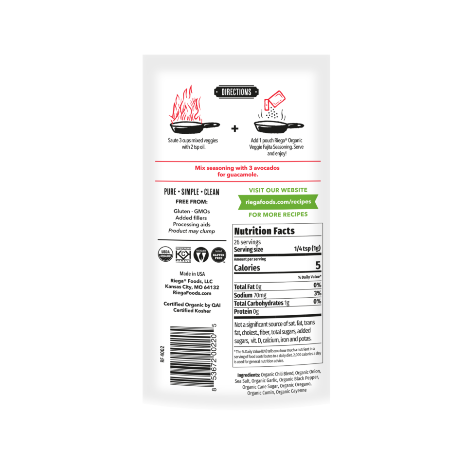 Riega Organic Tex-Mex Veggie Fajita Seasoning 25.5g, Classic & Delicious