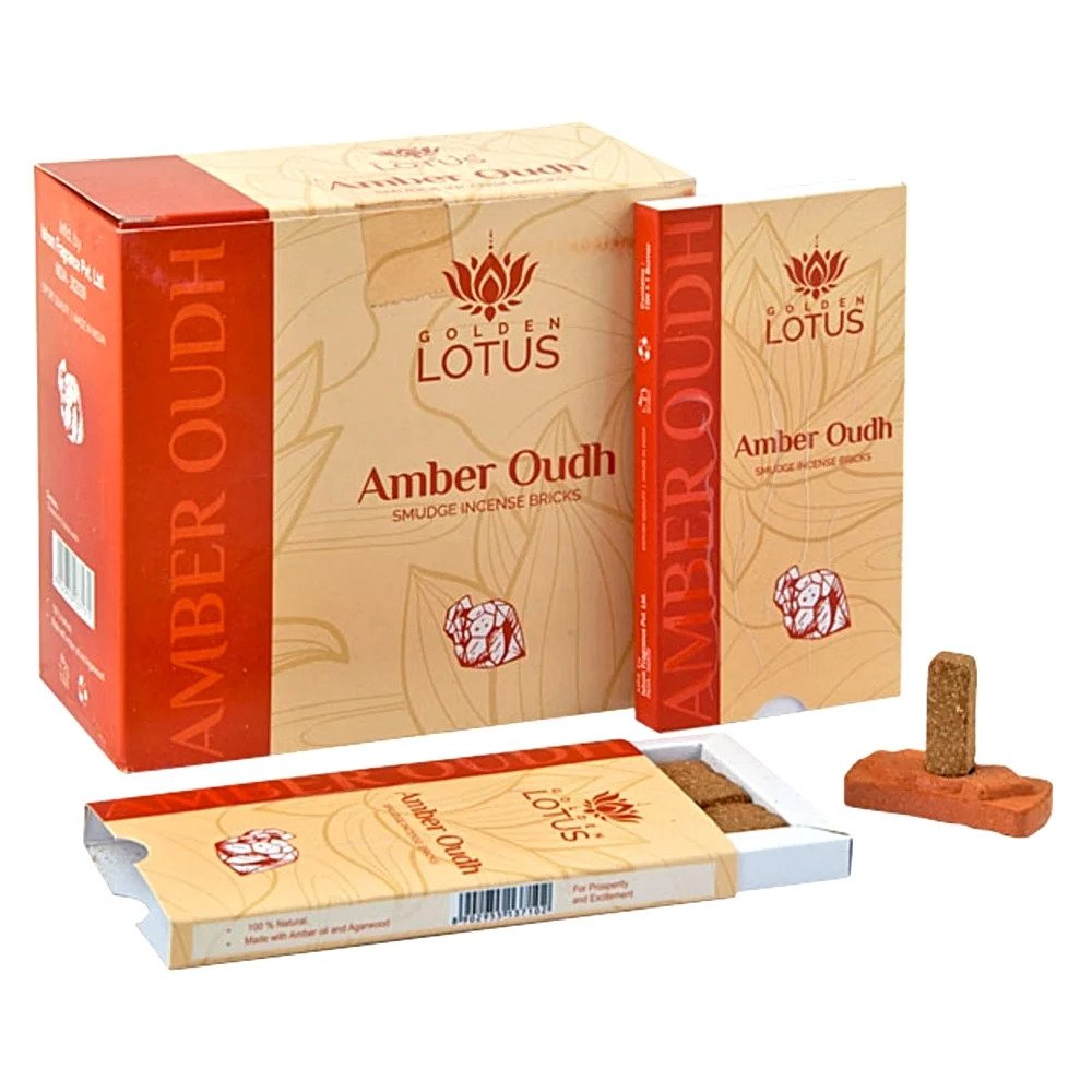 Golden Lotus Amber Oudh Smudge Incense Bricks, Includes 15 Bricks & 1 Holder