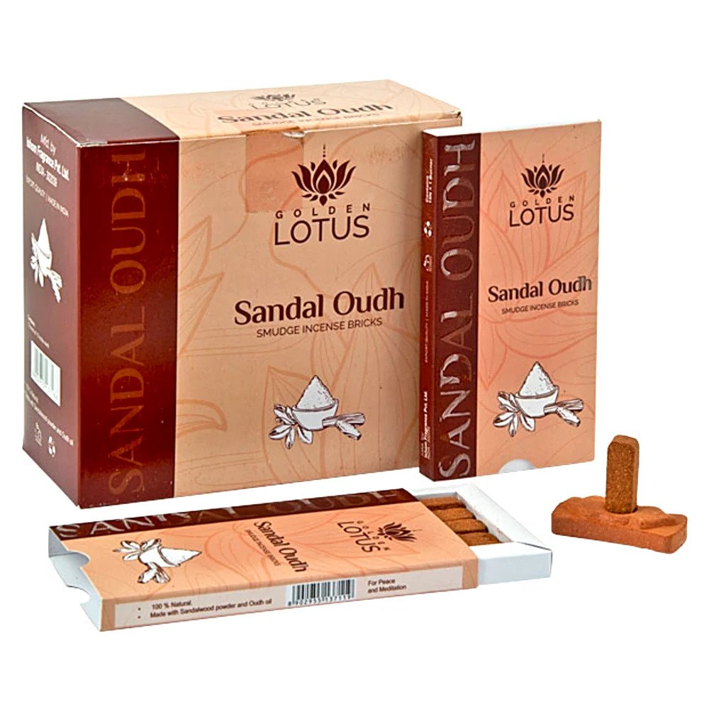 Golden Lotus Sandal Oudh Smudge Incense Bricks, Includes 15 Bricks & 1 Holder