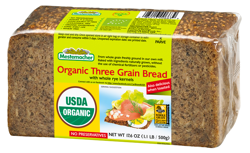 Mestemacher Organic Three Grain Bread 500g, Sliced With Wholemeal Rye, Oat & Barley