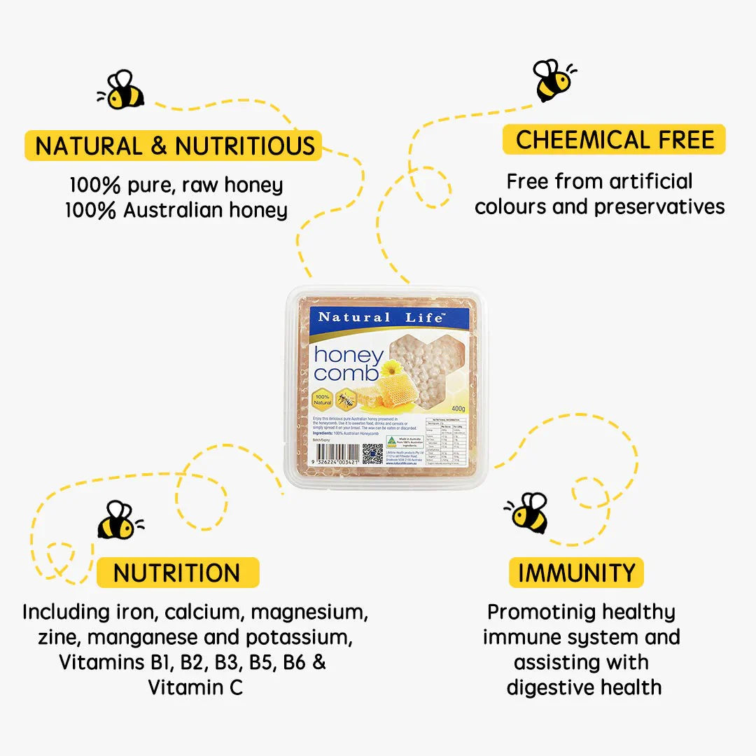 Natural Life 100% Pure Australian Honey & Honeycomb 400g, Perfect To Dizzle Over Yogurt