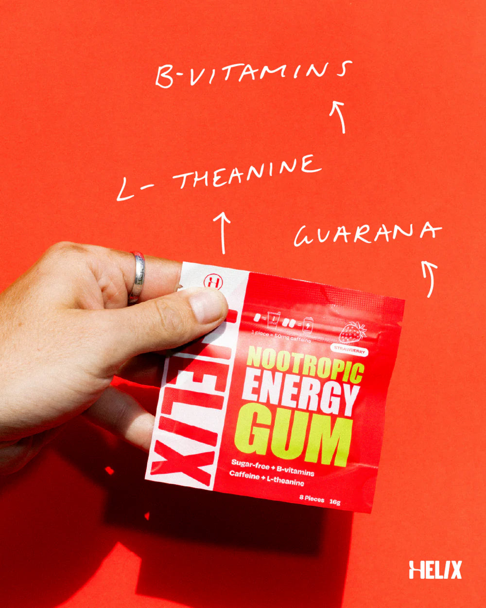 Helix Nootropic Energy Gum 8 Pieces 16g, Strawberry Flavour & Sugar free