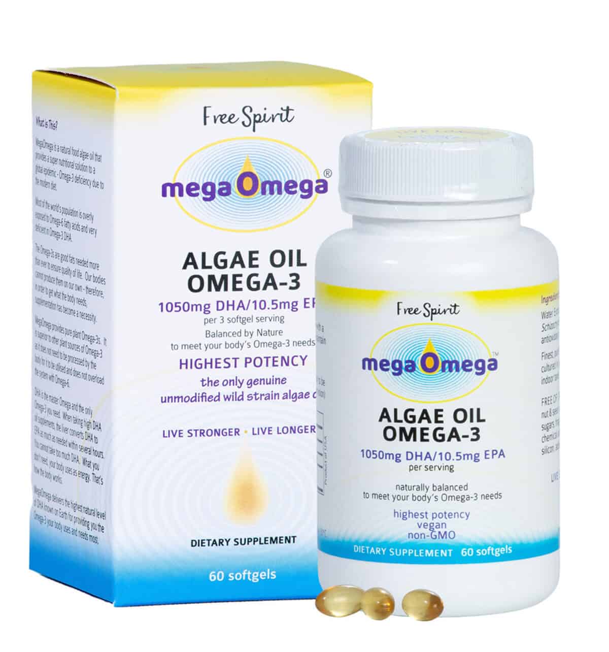 Free Spirit MegaOmega® Algae Oil 60 Veg-Softgels, Vegan Super Strength Algae Oil
