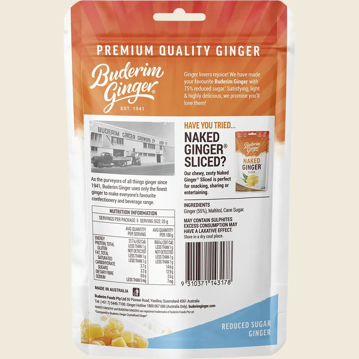 Buderim Ginger Reduced Sugar Ginger 75% Less Sugar 125g, Light, Zesty & Guilt-Free