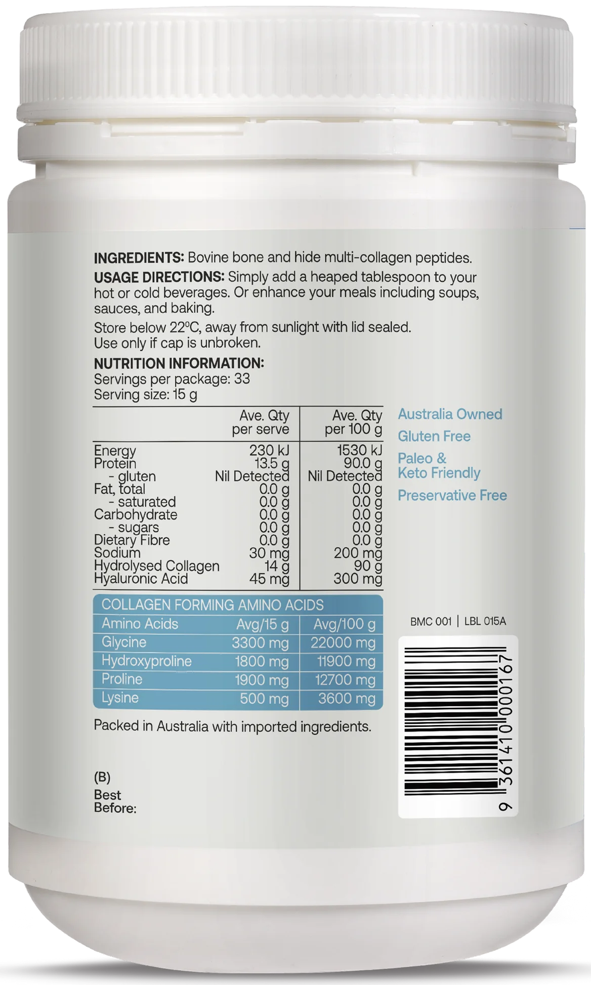 Best Of The Bone Multi-Collagen Protein Powder 210g Or 500g, Unflavoured For Skin Joint & Gut Support