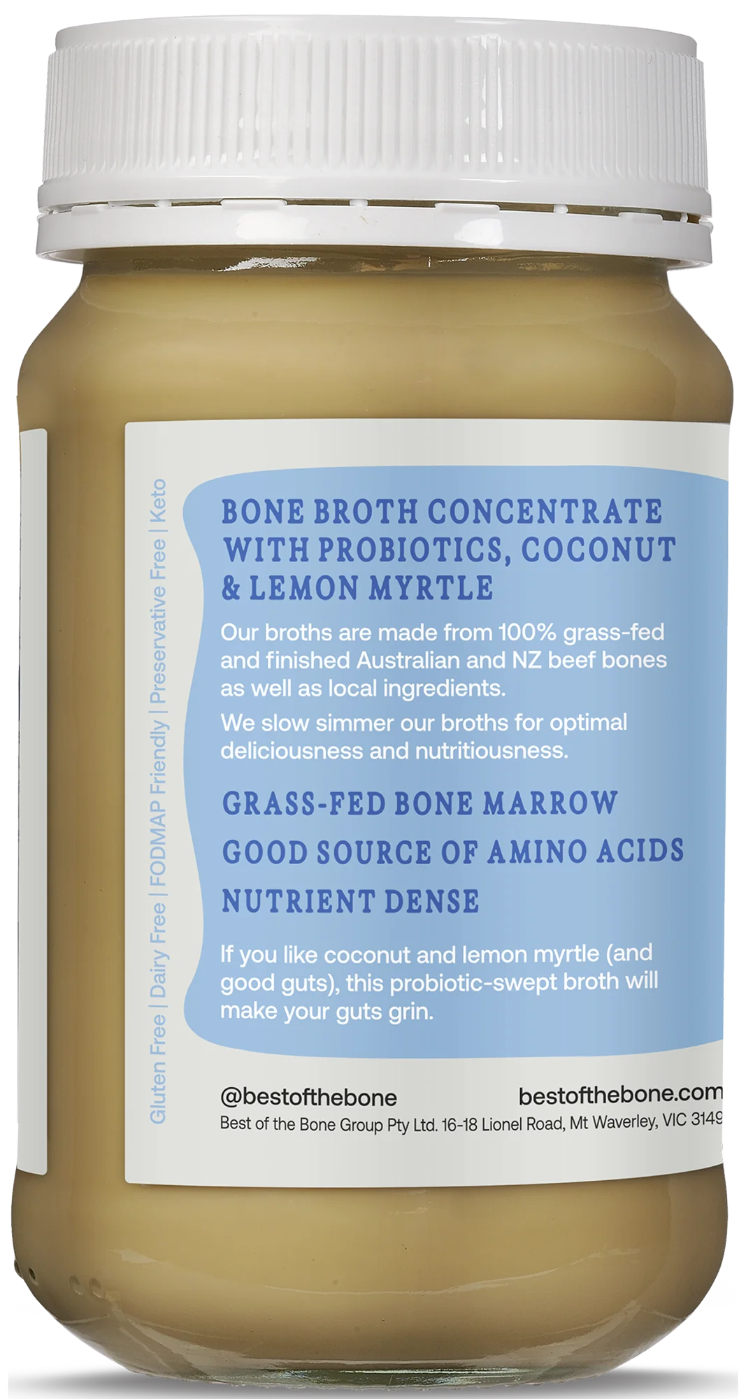 Best Of The Bone Probiotic Coconut Lemon Myrtle Bone Broth 390g, Collagen Protein Dense Broth Concentrate