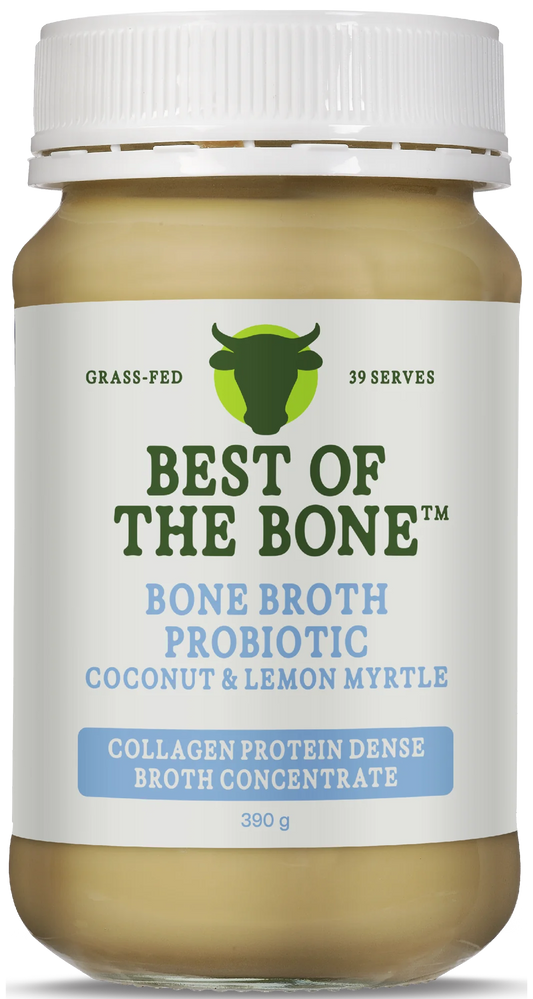 Best Of The Bone Probiotic Coconut Lemon Myrtle Bone Broth 390g, Collagen Protein Dense Broth Concentrate