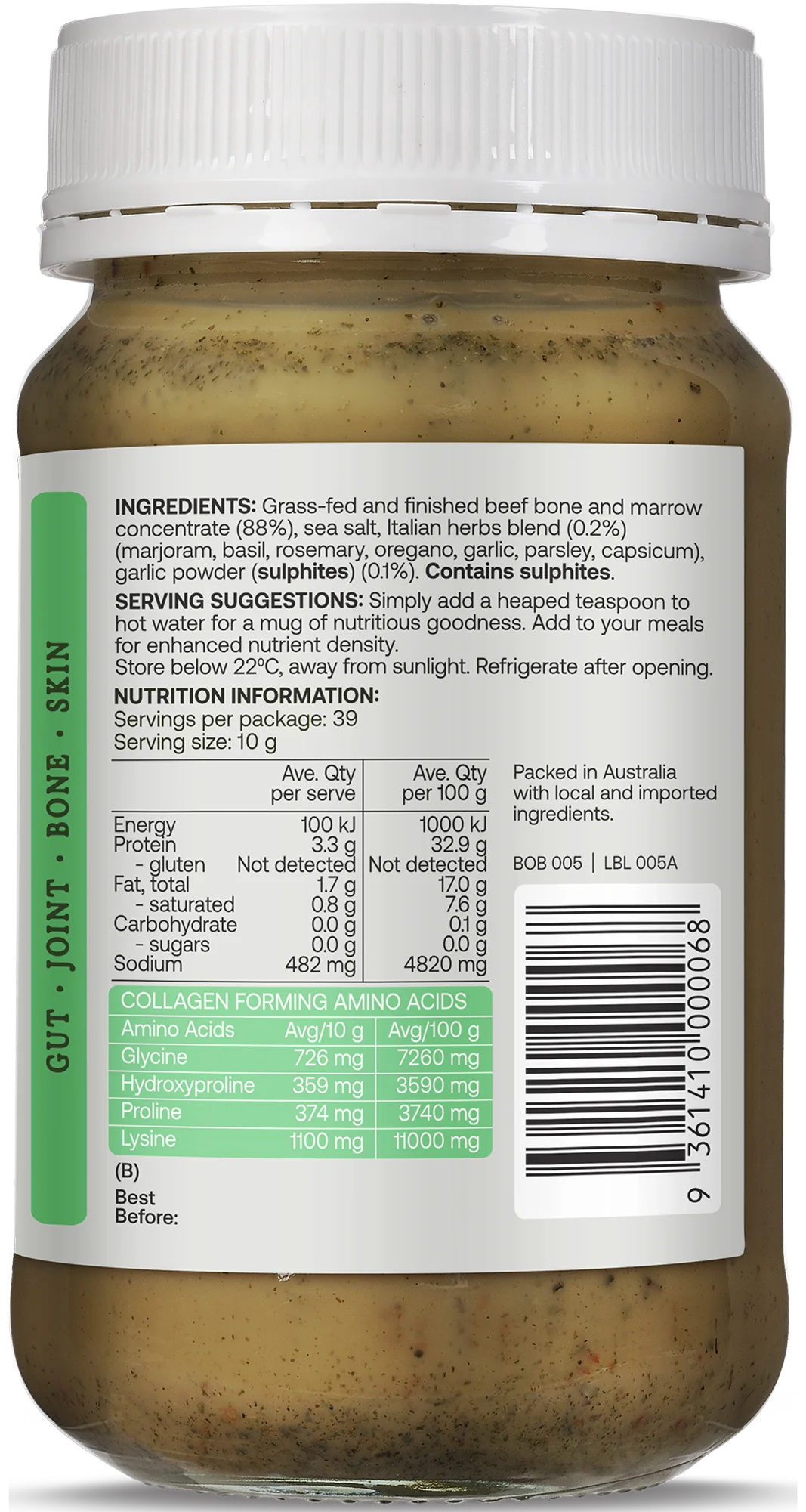 Best Of The Bone Italian Herbs & Garlic Bone Broth 390g, Collagen Protein Dense Broth Concentrate