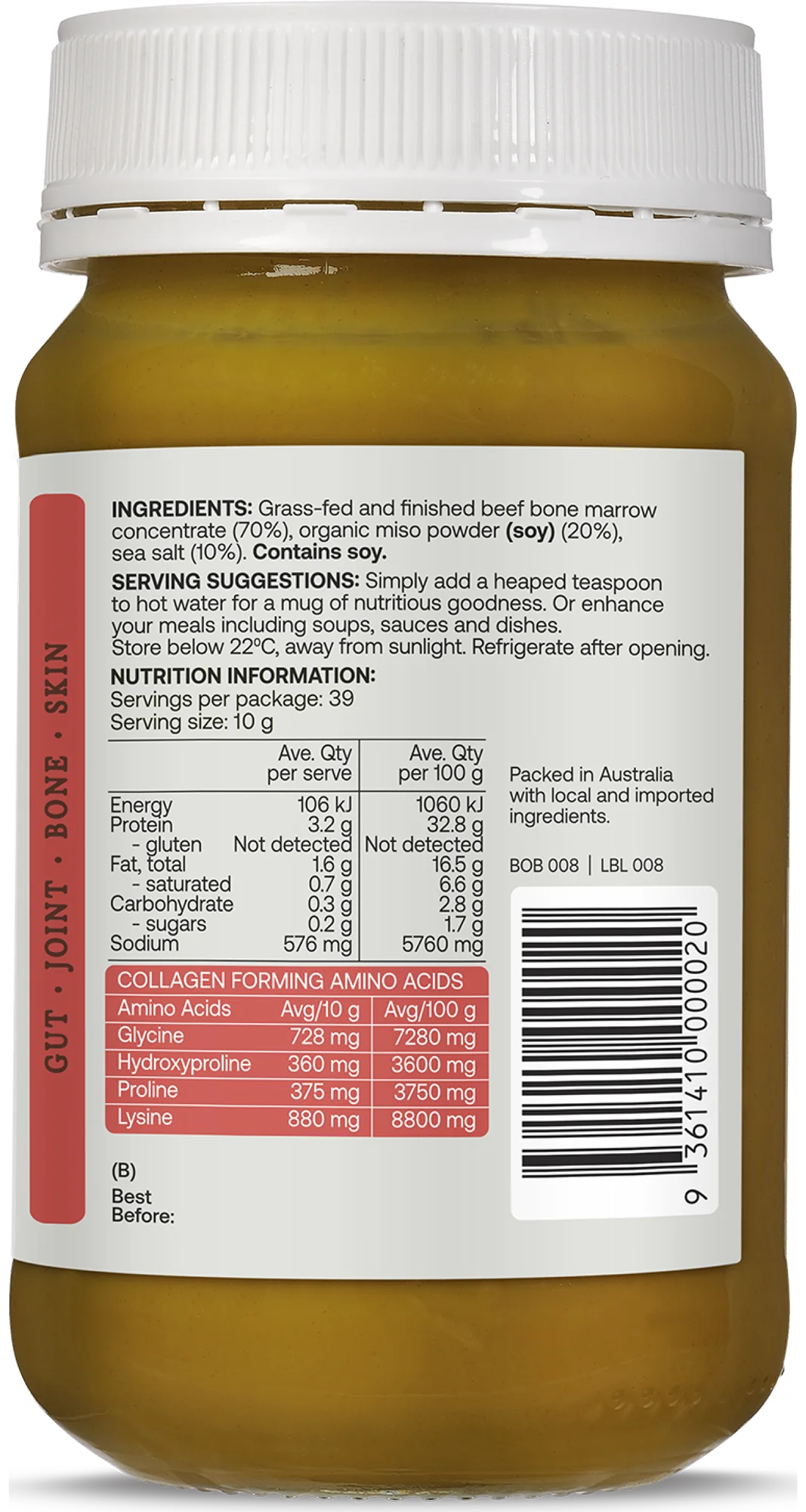 Best Of The Bone Organic Miso Bone Broth 390g, Collagen Protein Dense Broth Concentrate