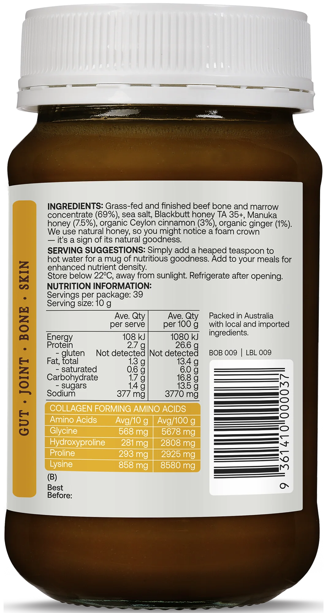 Best Of The Bone Manuka Honey, Ginger & Cinnamon Bone Broth 390g, Collagen Protein Dense Broth Concentrate