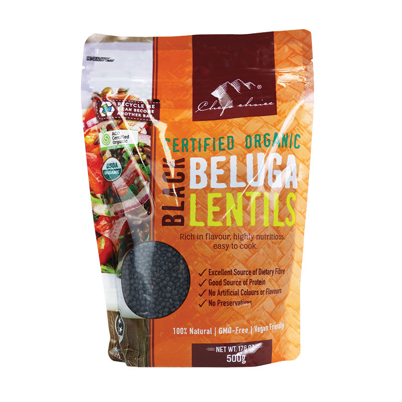 Chef's Choice Certified Organic Black Beluga Lentils 500g, Low In Fat & High In Protein
