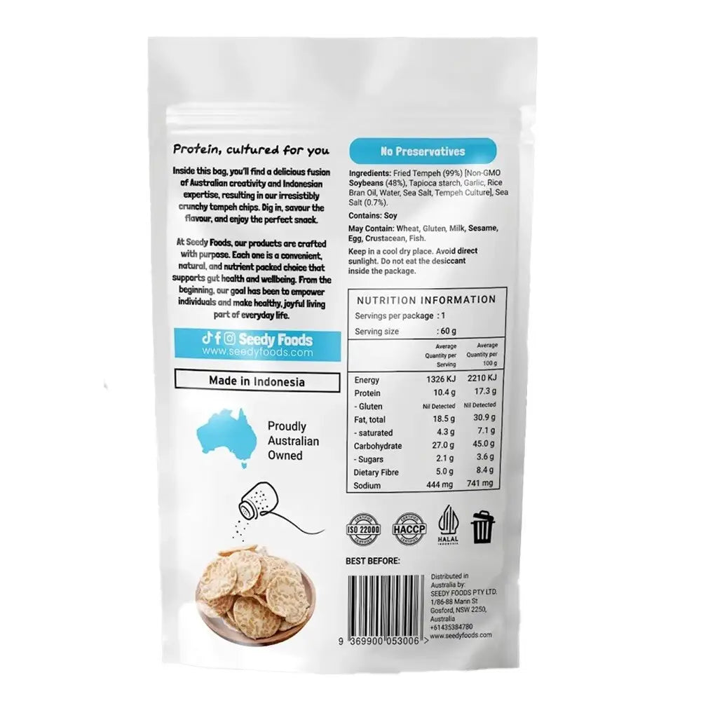 Seedy Foods Tempeh Chips Sea Salt Flavour 60g, 10g Protein Per Pack