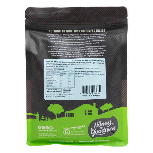 Honest To Goodness Certified Organic Cacao Nibs 200g Or 900g, Deliciously Crunchy