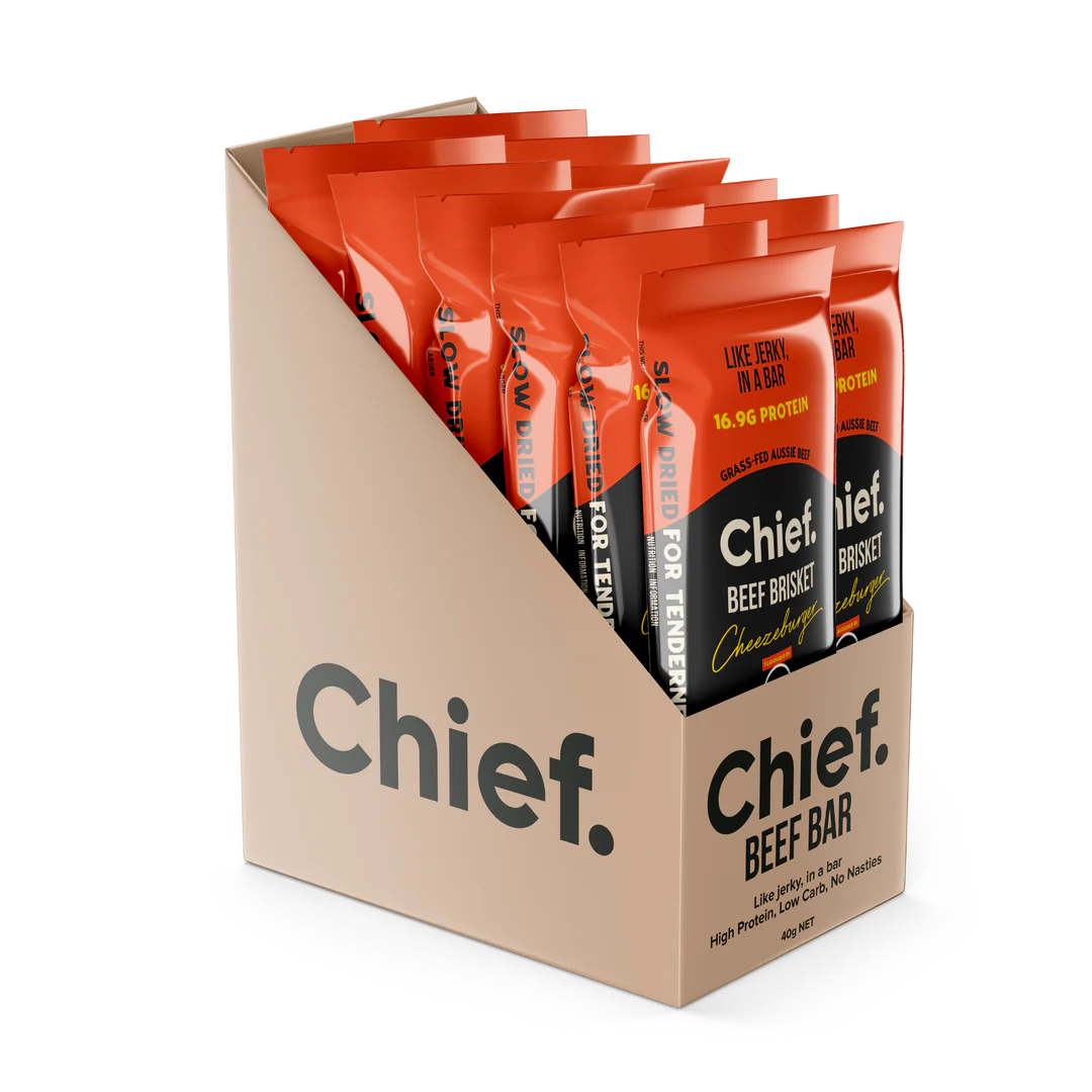 Chief. Grass-Fed Beef Brisket Bar Single Bar 40g Or A Box Of 12 Bars, Cheeseburger Flavour Like Jerky In A Bar