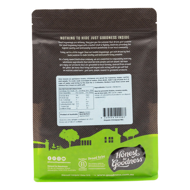 Honest To Goodness Organic Chickpeas 1kg, Australian Certified Organic