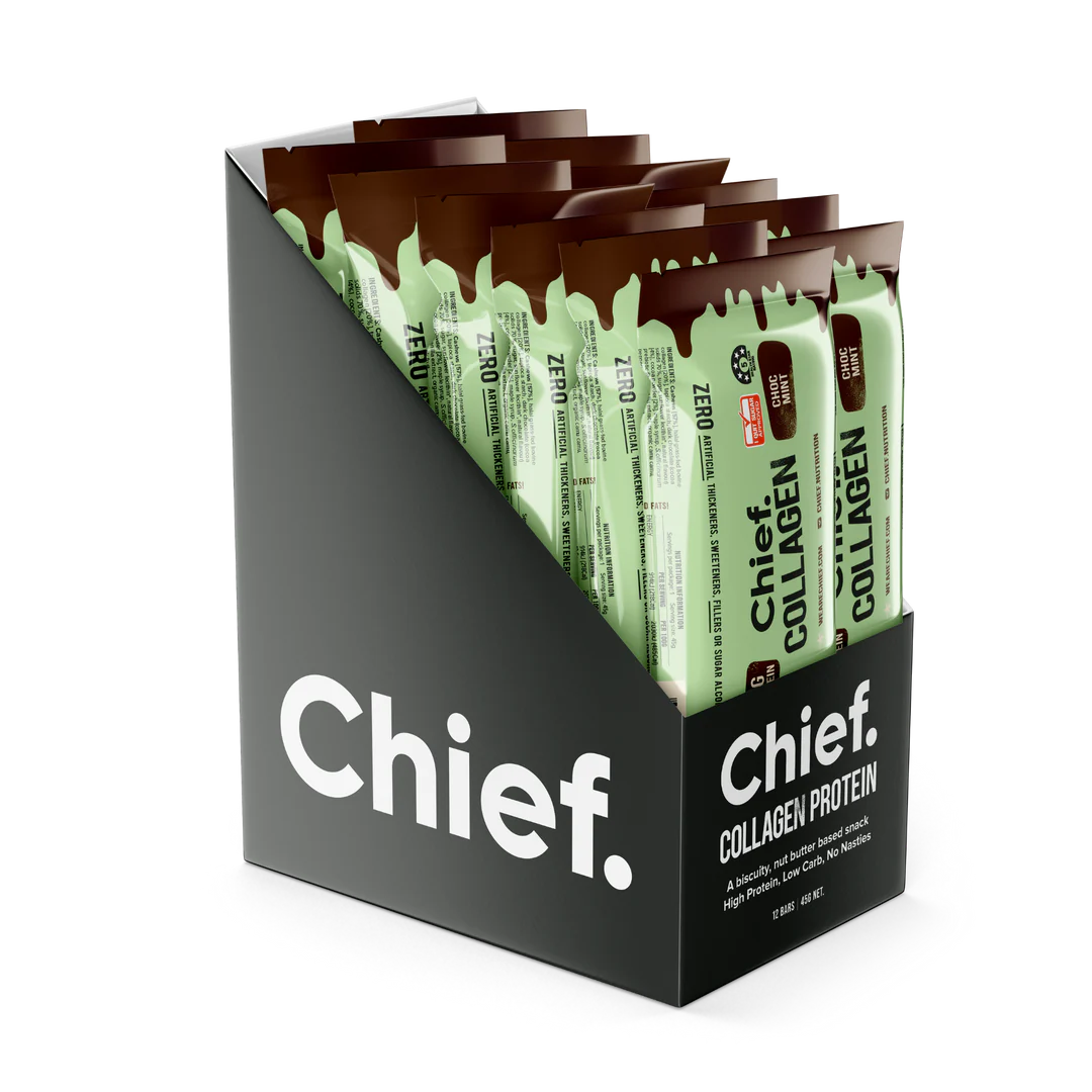 Chief. Collagen Bar Single Bar 45g Or A Box Of 12, Choc Mint Flavour