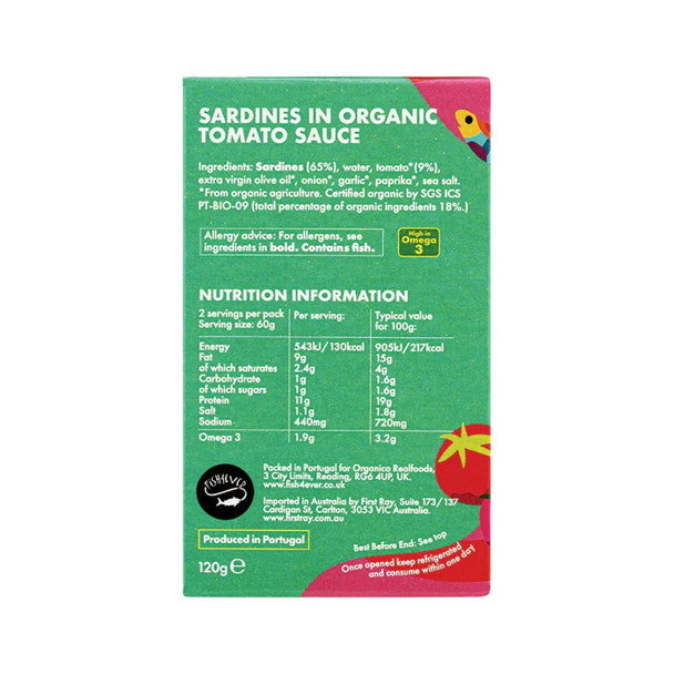 Fish 4 Ever Sardines In Organic Tomato Sauce 120g, Sustainably Fished