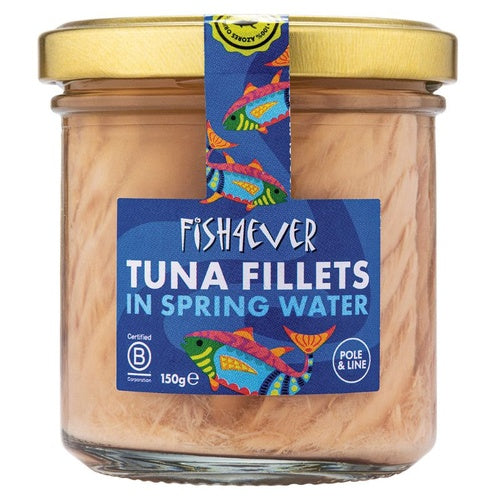 Fish 4 Ever Azores Skipjack Tuna Fillets In Spring Water 150g, Glass Jar & Caught By Pole & Line