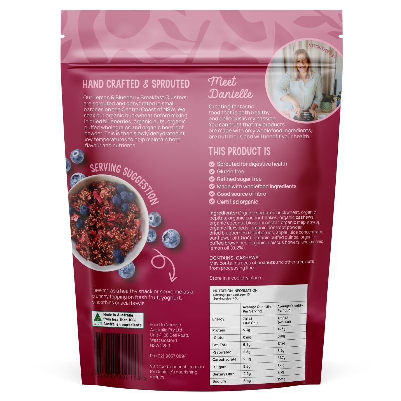 Food To Nourish Certified Organic Sprouted Lemon & Blueberry Clusters 400g, Refined Sugar Free