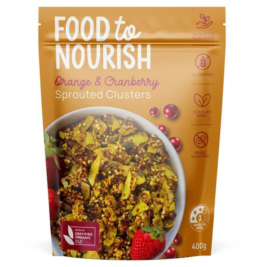 Food To Nourish Certified Organic Sprouted Orange & Cranberry Clusters 400g, Refined Sugar Free