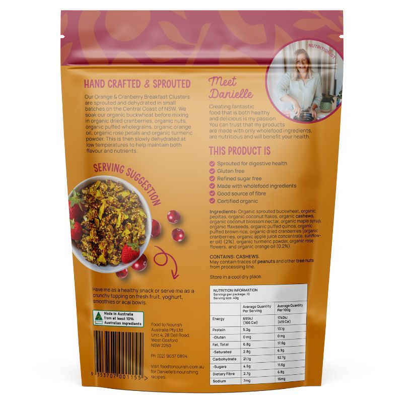 Food To Nourish Certified Organic Sprouted Orange & Cranberry Clusters 400g, Refined Sugar Free
