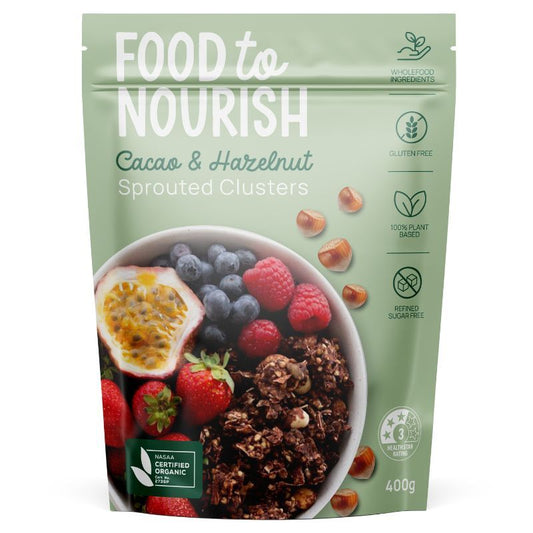 Food To Nourish Certified Organic Sprouted Cacao & Hazelnut Clusters 400g, Sprouted For Digestive Health
