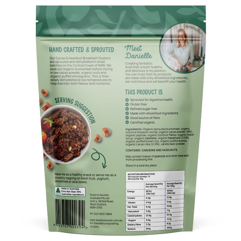 Food To Nourish Certified Organic Sprouted Cacao & Hazelnut Clusters 400g, Sprouted For Digestive Health