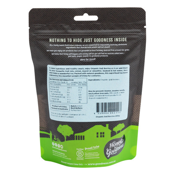 Honest To Goodness Dried Goji Berries 200g, Australian Certified Organic; A Nutrient Dense Food
