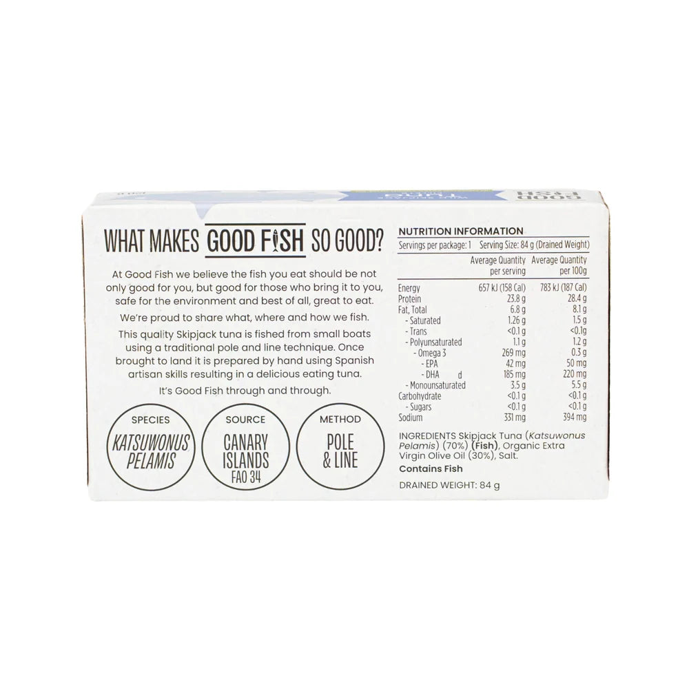 Good Fish Wild Skipjack Tuna Fillets In Organic Extra Virgin Olive Oil 120g, BPA-Free Lining