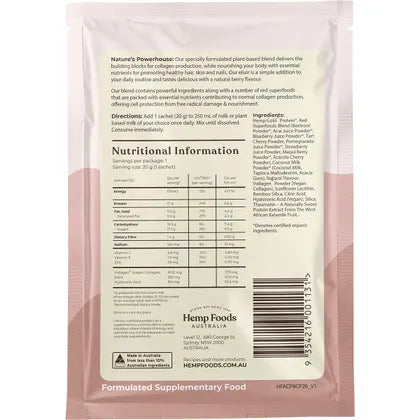 Hemp Foods Australia Plant Based Collagen+ Single Sachet 20g Or A Box Of 7 x 20g, With Bamboo Silica & Hyaluronic Acid
