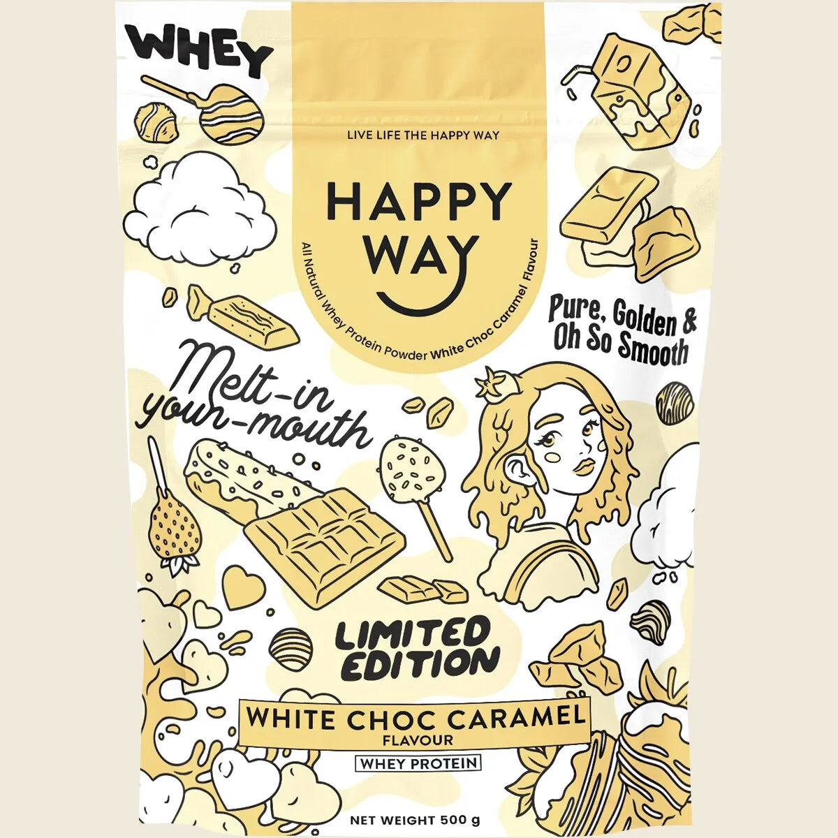 Happy Way Whey Protein Powder 500g, White Choc Caramel, Golden & Smooth
