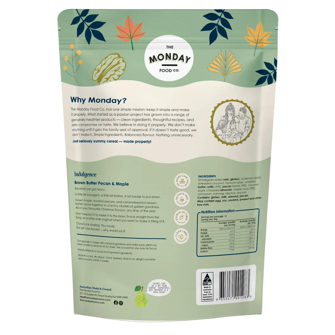 The Monday Food Co. Indulgence Gourmet Granola 300g, Brown Butter Pecan & Maple