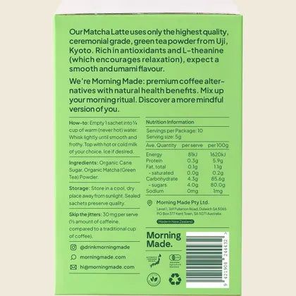 Morning Made Original Matcha Latte Single Sachet 5g Or A Box Of 10 Sachets, Clean Green Pick Me Up