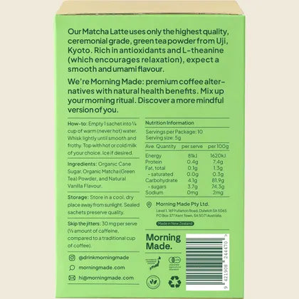 Morning Made Vanilla Matcha Latte Single Sachet 5g Or A Box Of 10 Sachets, Smooth Vanilla Pick Me Up