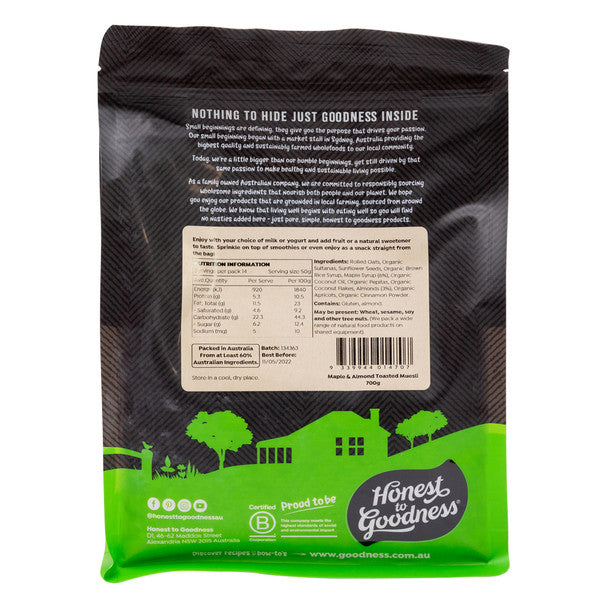 Honest To Goodness Maple & Almond Toasted Muesli 700g, Natural & Delicious
