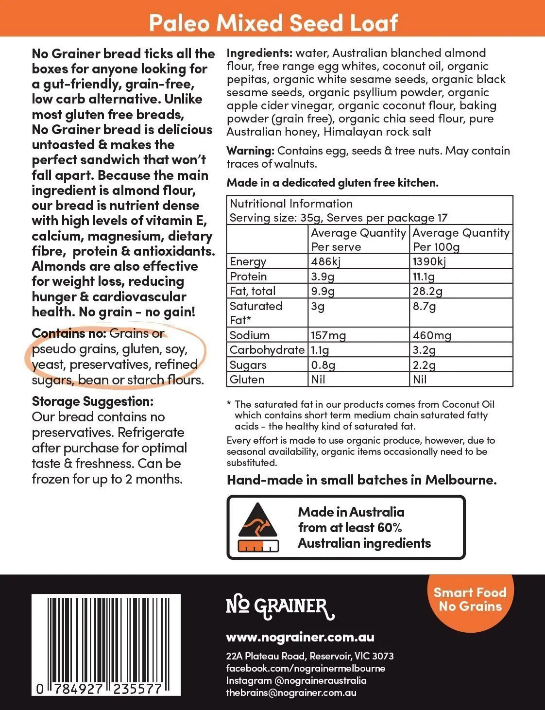 No Grainer Paleo Mixed Seed Loaf 600g, Grain-Free & Gluten Free