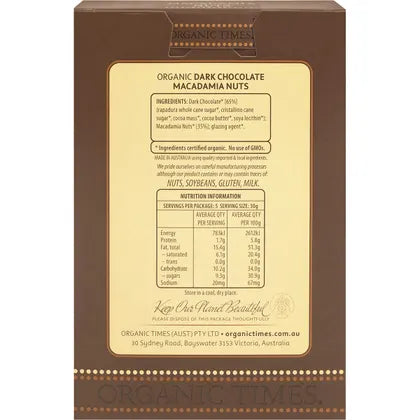 Organic Times Dark Chocolate Coated Macadamia Nuts 150g, Certified Organic