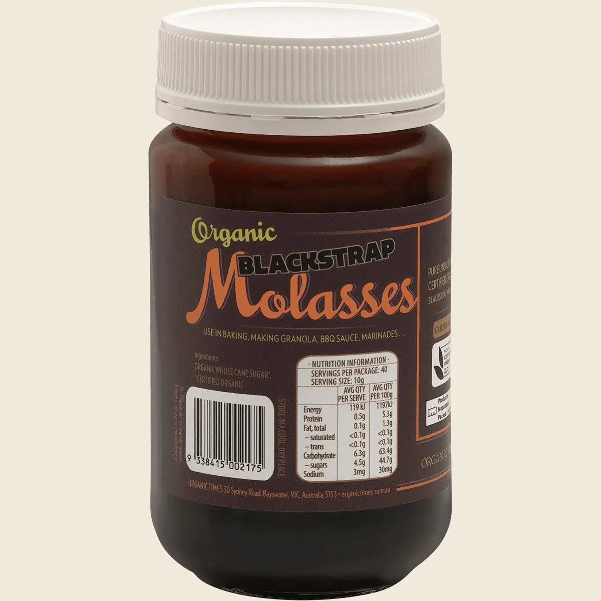 Organic Times Certified Organic Blackstrap Molasses 400g, Rich & Unsulphured Mineral Sweetener