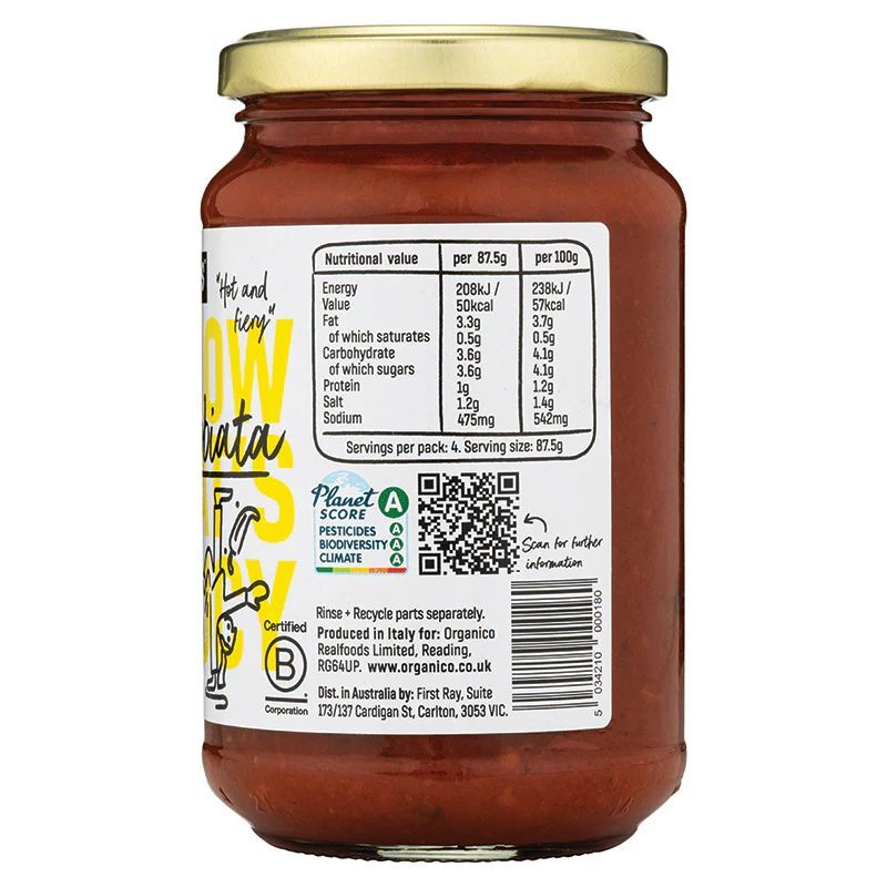 Real Foods By Organico Certified Organic Arrabbiata Sauce 350g, With Extra Virgin Olive Oil & Chilli
