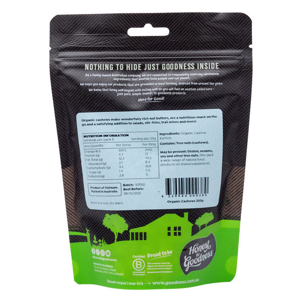 Honest To Goodness Certified Organic Cashews 200g Or 500g, A Nutritious Snack