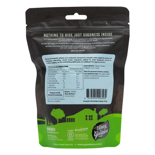 Honest To Goodness Diced Bare Ginger 300g, Australian Certified Organic & A Warming Treat