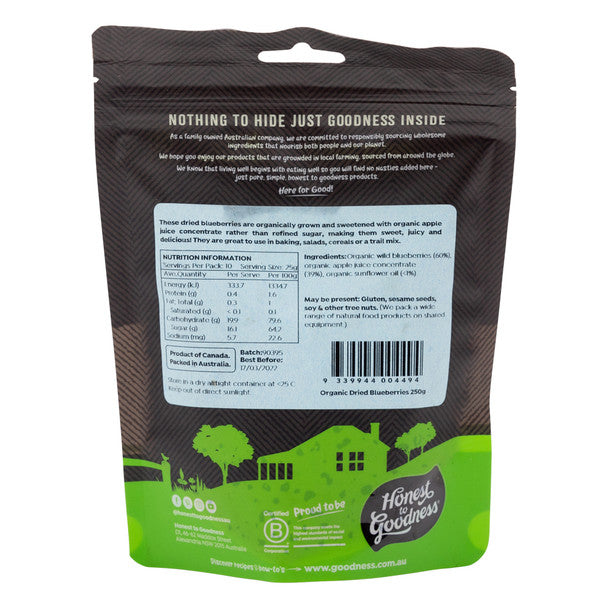 Honest To Goodness Certified Organic Dried Blueberries 250g, Sweetened With A Touch Of Organic Apple Juice