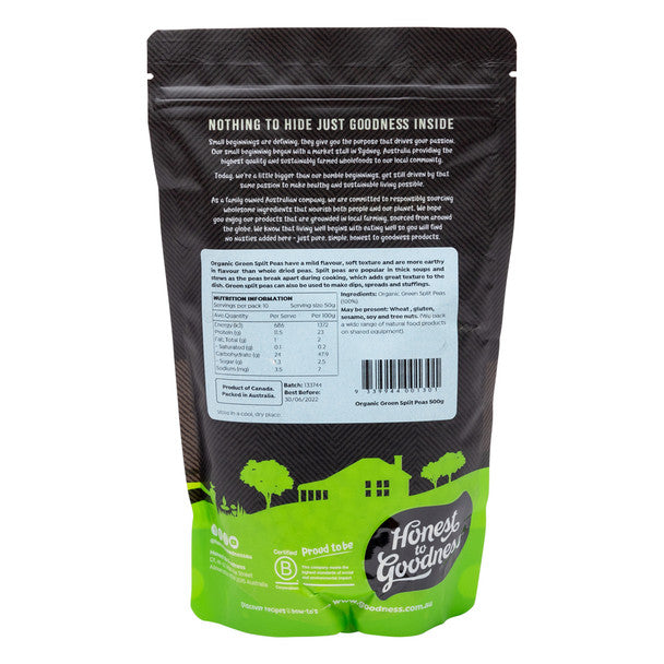 Honest To Goodness Certified Organic Green Split Peas 500g, Perfect For Stews & Soups